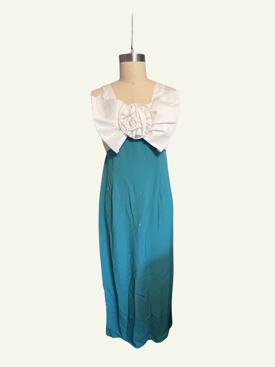 Miss Elliette Dresses & Skirts - Vintage 60s White Bow Maxi Dress with Teal Skirt and Rhinestones